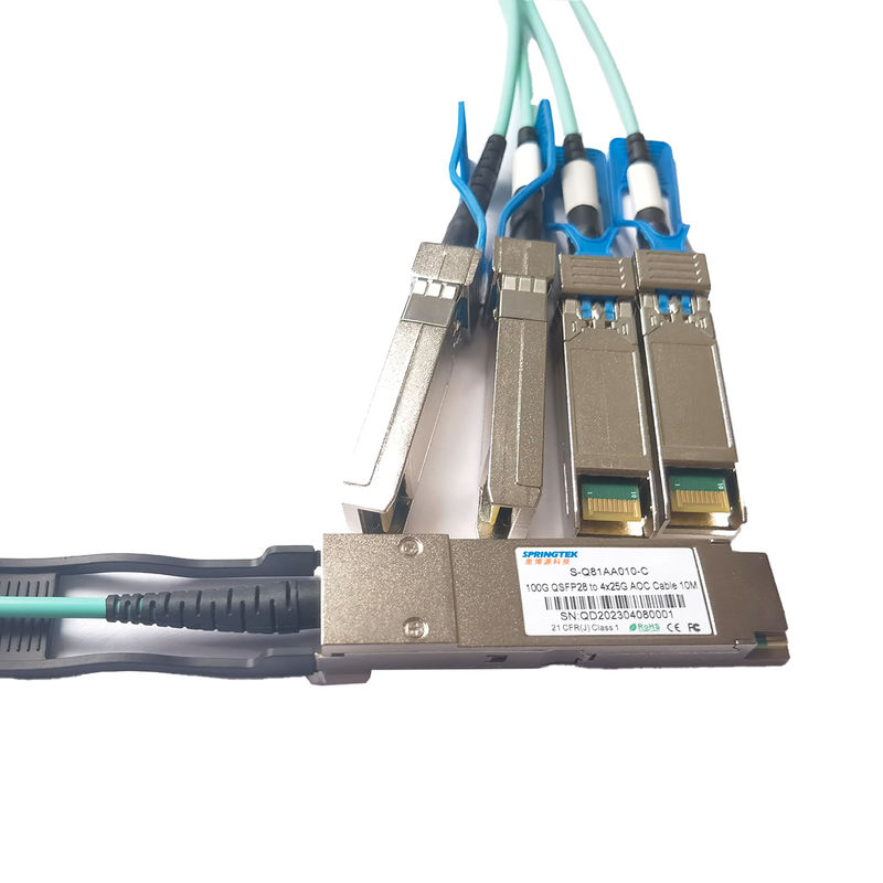 4x25G SFP28のブレイクアウトの活動的な光ケーブルへの100G QSFP28   10m 20mの100GbaseトランシーバーAOCケーブル